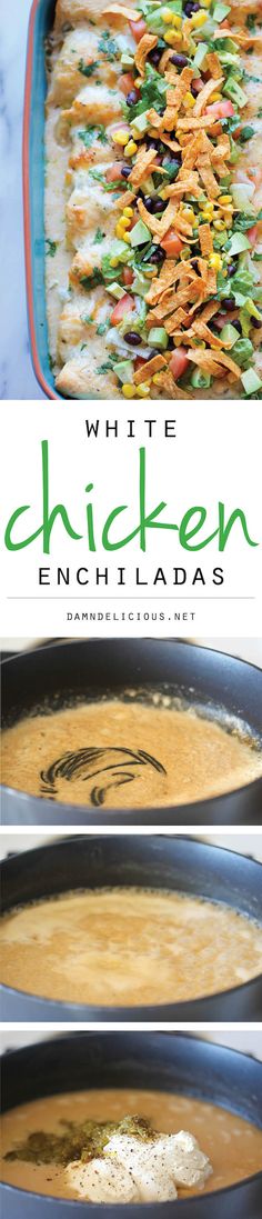 white chicken enchiladas are shown in three pans with the title overlay