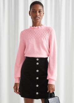 Holly Willoughby Outfits, Wool Knit Sweater, Custom Sweaters, Velvet Mini Skirt, Ruffled Collar, Pink Ruffle, Ruffle Collar, Collar Sweater, Wool Knit