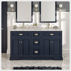 a bathroom vanity with two mirrors above it