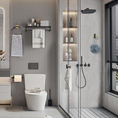 a bathroom with a sink, toilet and shower in it's own area next to a window