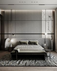 a modern bedroom with marble walls and flooring