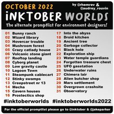 the poster for inktober world is shown in black and white with orange lettering