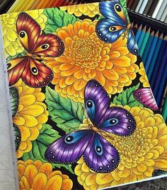 an open book with colored pencils in it and some butterflies on the pages next to them