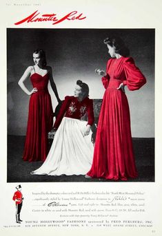 1940s vintage advertisement / 1940s Fashions: 1940s evening gowns inspired by the dramatic colors in Cecil B. DeMille, "North West Mounted Police" with Gary Cooper & Paulette Goddard. Dresses by Fashion Designer-Fred Perlberg 1950s Prom Dress, 1940s Fashion Women, 1950s Party Dresses, Beautiful Party Dresses, Vintage Dance, Retro Advertising, Vintage Spring, Full Circle Skirts, Vintage Fall