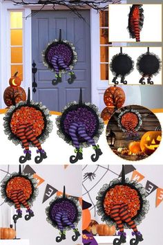 Halloween Witch Long Leg Wreath Christmas Hanging Baskets, Happy Halloween Pictures, Witch Legs, Glitter Boots, Halloween Door Decorations, Simple Christmas Tree, Floral Hoops, Halloween Crafts For Kids