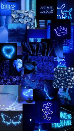 a collage of neon signs and other items in blue light, with the words sweet dreams written on them