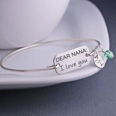 Dear Nana: I love you Bangle Bracelet #nanagift #mothersdaygift #grandmagift Jewelry Engraving, Unique Gift Ideas For Women, Goddess Bracelet, Bracelet Size Chart, Lotus Jewelry, Mothers Bracelet, Graduation Jewelry, Personal Gifts, Stocking Stuffer Ideas