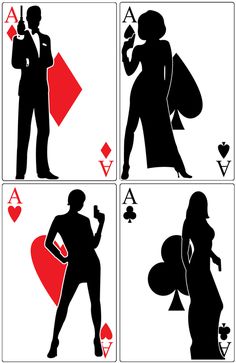 the silhouettes of two people in suits, one holding a heart and playing cards