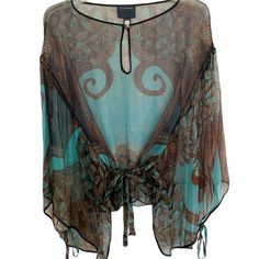 Class Roberto Cavalli Silk Georgette Print Kaftan Top 1771t/0821 Black, Turquoise And Bronze Silk Georgette Print Kaftan Style Top. Sheer. One Button Keyhole Neck. Butterfly Sleeves. Removable Self Tie Belt. One Size. Nwot. *Pit To Pit - 22" *Length - 27" Elegant Silk Blouse For Vacation, Elegant Multicolor Beach Blouse, Kaftan Top, Kaftan Style, Black Turquoise, Keyhole Neck, Butterfly Sleeves, Roberto Cavalli, Black Silk