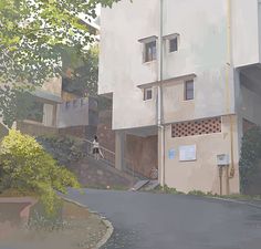 a painting of an apartment building on the side of a road