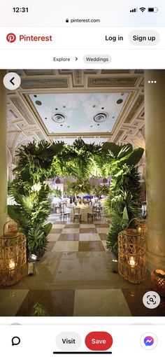 the pinterest page on instagram shows an image of a hotel lobby decorated with greenery