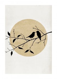 two birds sitting on a branch in front of a full moon