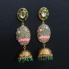 Excited to share this item from my #etsy shop: VeroniQ Trends-Jaipur Style Dangle Earrings Jhumki, Jumka in Kundan,Meenakari Work-JKT-2-India,Hyderabad,Pakistan,Ethinic,Lucknowi,Earring #gold #artnouveau #earrings #no #yes #brass #screwback Hyderabad Pakistan, India Hyderabad, Jaipur Jewelry, Meenakari Earrings, Polki Earrings, Polki Jewellery, Artificial Stone, Jewellery Earrings, Onyx Bead