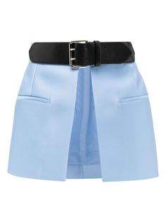 blue adjustable fit belted waist two front flap pockets two rear welt pockets thigh-length Fitted Bottoms With Removable Belt For Work, Workwear Bottoms With Removable Belt, Belted Fitted Mini Skirt, High-waist Fitted Mini Skirt With Belt Loops, Fitted High-waist Mini Skirt With Belt Loops, Blue Mini Length Bottoms With Belt Loops, Blue Mini Bottoms With Belt Loops, Blue Office Bottoms With Belt Loops, Belted Mini Length Bottoms For Workwear