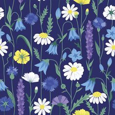 a blue background with white, yellow and purple flowers on it's sides is featured in this image