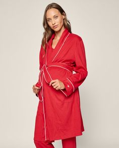 This maternity robe is roomy, comfortable and buttery soft, with a length that falls below the knee for ease of movement, these robes include all the lovely details (chic piping on the cuffs, generous sash) that grace our classic pajama silhouettes. For thousands of years, Pima cotton has been considered royalty in the realm of textiles. This design features 100% yarn-dyed Peruvian Pima, meaning your cherished pieces will stay buttery and breathable, with a reduced risk of fading, pilling, or wr Red Spring Robe For Loungewear, Elegant Red Robe For Loungewear, Elegant Red Lounge Robe, Maternity Robes, Long Sleeve Red Cotton Robe, Maternity Long Sleeve Sleepwear, Nursing-friendly Long Sleeve Cotton Sleepwear, Spring Nursing-friendly Long-sleeve Sleepwear, Classic Pajamas