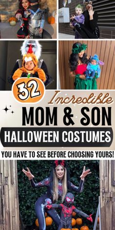 halloween costumes for mom and son with text overlay that reads 32 incredible mom & son halloween costumes you have to see before choosing yours