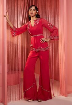 Sanya Gulati-Coral Red Double Flap Kurta And Pants-INDIASPOPUP.COM Pants With Embroidery, Kurta And Pants, Indian Bridesmaids, Red Kurta, Embroidered Belt, Embroidery Detailing, Dress Indian, Sanya, Kurta With Pants