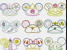 the embroidery designs for hats are all different colors and sizes, including one with ears