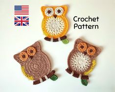 three crocheted owls sitting on top of each other