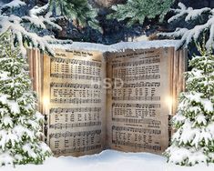 an open book with sheet music on it surrounded by snow covered trees and evergreens