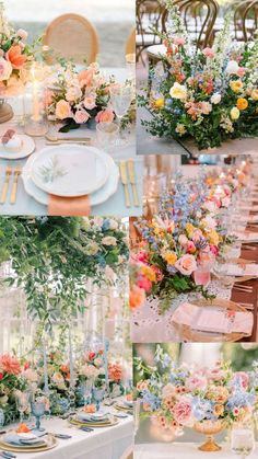 a collage of photos with flowers and plates on them, including an arrangement of flowers in vases