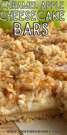 Caramel apple cheesecake bars recipe Caramel Apple Cheesecake Bites, Carmel Apple Cheesecake Bars Easy, Carmel Apple Cheesecake Bar, Short Bread Crust, Carmel Apple Cheesecake Bars, Apple Caramel Cheesecake, Cheesecake Cinnamon, Bread Crust, Apple Crisp Cheesecake