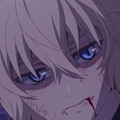 an anime character with blue eyes and blood on his face is staring at the camera