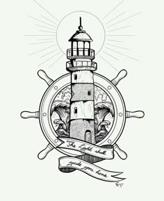 a drawing of a lighthouse on top of a ship wheel with a ribbon around it