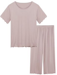 PRICES MAY VARY. 🌙【Fabric】: Super Cooling pajama set for women comprise 95% viscose made from bamboo and 5% spandex. Lightweight, silky and durable, you can hardly feel its existence while wearing. Moisture wicking fabric is perfect for people who suffer from night sweats. 🌙【Features】: Classic bamboo viscose pajamas style sleepwear. Design features of t-shirt short sleeve top and capri pjs set. Thanks to the better fabric makes the pajamas have a very smooth touch and skin-friendly. You can we Summer Viscose Sleepwear For Loungewear, Relaxed Fit Viscose Sleepwear For Loungewear, Summer Sleepwear In Viscose, Summer Viscose Sleepwear, Summer Viscose Loungewear Set, Casual Viscose Sleepwear For Loungewear, Petite Pajamas, Pjs Set, Capri Shorts