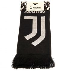 a black scarf with white letters and fringes