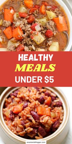 healthy meals under $ 5 with text overlay