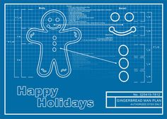 a blueprinted poster with a gingerbread man and the words happy holidays on it