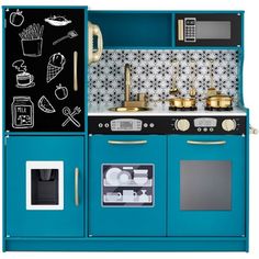 a toy kitchen with blue cabinets and gold accents on the doors, stove top oven and microwave