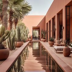 an outdoor pool surrounded by potted plants next to a building with large windows and doors