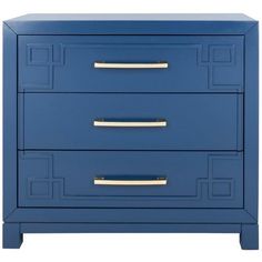 a blue dresser with two drawers and gold pulls on the bottom, against a white background