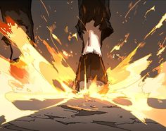 an animated image of a person standing in front of a large fire with flames coming out of it