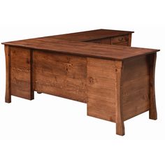 a wooden desk with two drawers on one side and an open drawer at the top