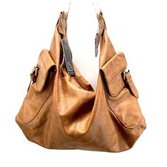 Under One Sky Vegan Camel Hobo Shoulder Bag Purse Pockets Snap Closure With Decorative Buckles One Outside Zippered Pocket Two Interior Pockets - One Zippered And One Segmented Into Two Holders. Light Brown Hobo Bag For Travel, Travel Shoulder Bag With Adjustable Strap In Camel, Chic Brown Bag With Pockets, Chic Brown Bags With Pockets, Chic Brown Shoulder Bag With Pockets, Light Brown Large Capacity Crossbody Hobo Bag, Caramel Shoulder Bag With Removable Pouch For Everyday, Brown Hobo Bag With Detachable Strap For Daily Use, Brown Hobo Bag With Detachable Strap For Everyday