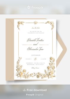 an elegant wedding card with gold flowers and leaves