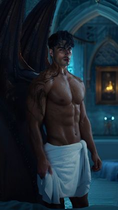 a shirtless man standing in front of a dragon