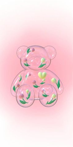 a pink teddy bear with green leaves on it's back and four bubbles in the air