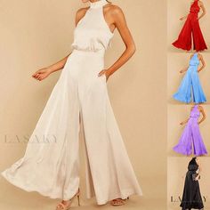 Lasaky - Off-Shoulder High-Waisted Jumpsuit with Wide-Leg Trousers Full Body Jumpsuit, Anniversary Dress, High Waist Jumpsuit, Rose Maxi Dress, Solid Color Jumpsuits, Trouser Design, Off Shoulder Jumpsuit, Ootd Dress, Floral Sleeveless