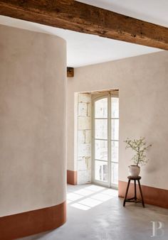 an empty room with a potted plant in the corner