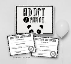 two certificates with balloons and a balloon in the background that says adopt a panda