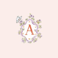 the letter a is surrounded by flowers and leaves on a pink background with an angel above it