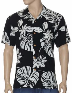 Black Rayon Monstera Hawaiian Shirt Black Black Beach Shirt With Pockets, Black Collared Top For The Beach, Casual Black Hawaiian Shirt With Short Sleeves, Casual Black Short Sleeve Hawaiian Shirt, Black Relaxed Fit Hawaiian Shirt For Beach, Black Beach Tops With Pockets, Casual Black Cotton Hawaiian Shirt, Black Collared Camp Shirt For Vacation, Black Relaxed Fit Shirt For Vacation