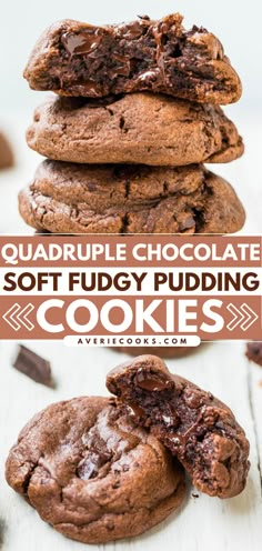 chocolate soft fudge pudding cookies stacked on top of each other