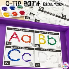 an alphabet and letter matching activity for kids to practice their letters with beads on the tray