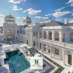 an artist's rendering of the exterior of a white mansion with a pool in front